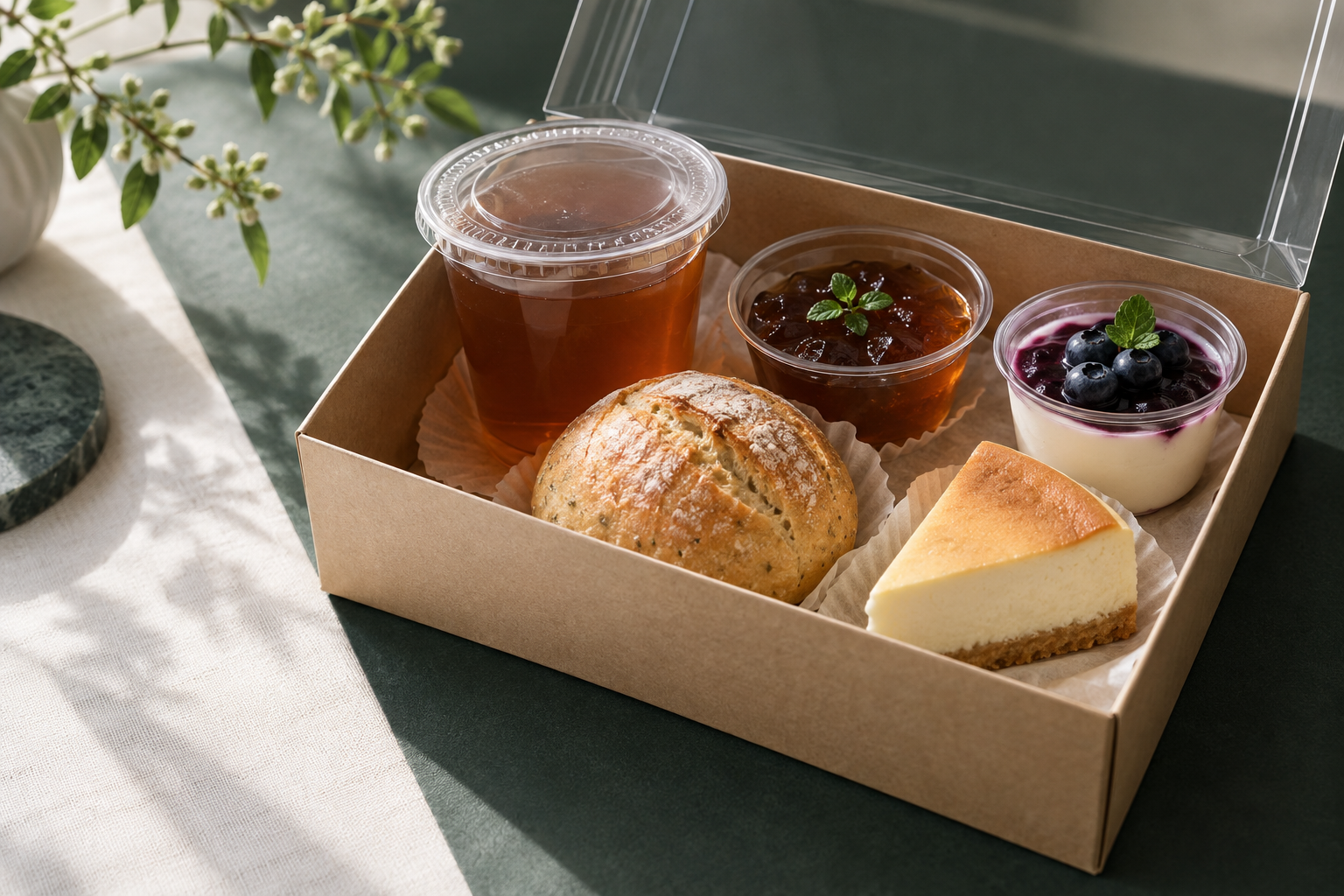春泉企業下午茶盒,包含茶飲、餐包、茶凍、優格與起司蛋糕